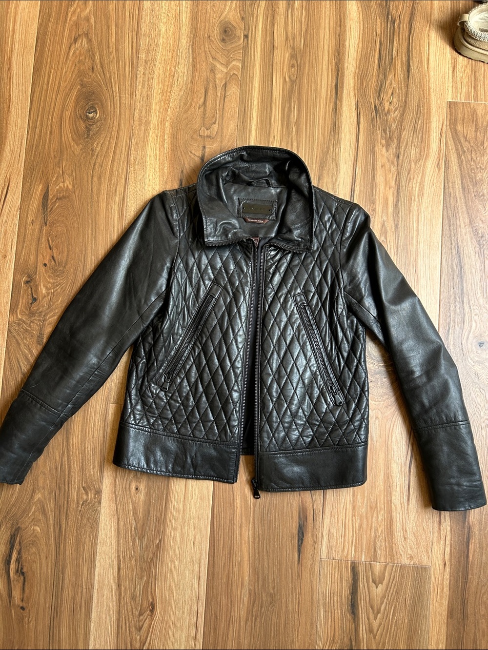 Danier Black Quilted Leather Bomber Jacket